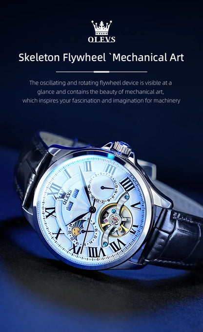 OLEVS 7013 Men's Watch - Moon Phase, Mechanical Automatic, Hollow Flywheel, Waterproof
