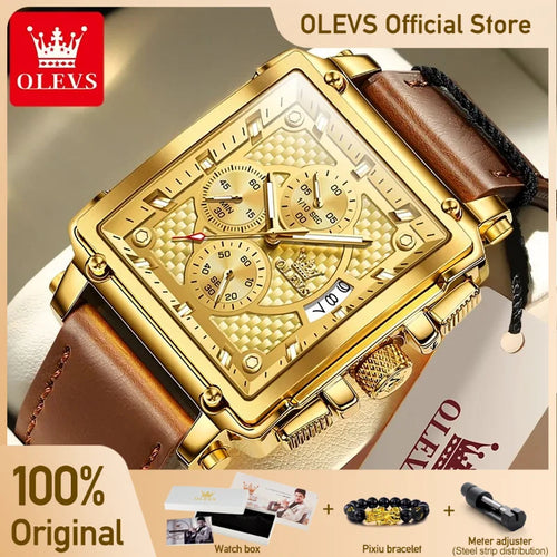 OLEVS 9925 Men's Watch - Luxury Square, Chronograph, Waterproof, Leather Strap