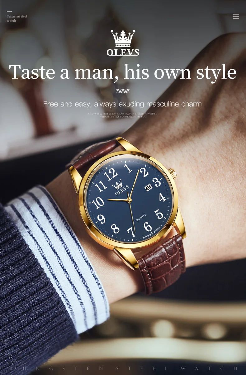 OLEVS 5566 Watch - Fashion Quartz, Leather Strap, Waterproof, Arabic Numeral, Men & Women