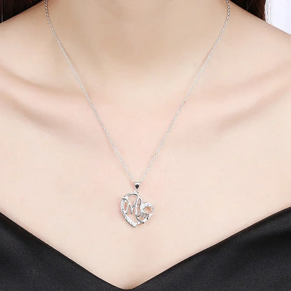 Mom Heart Pendant Necklace – 925 Sterling Silver, AAA Zircon Crystal