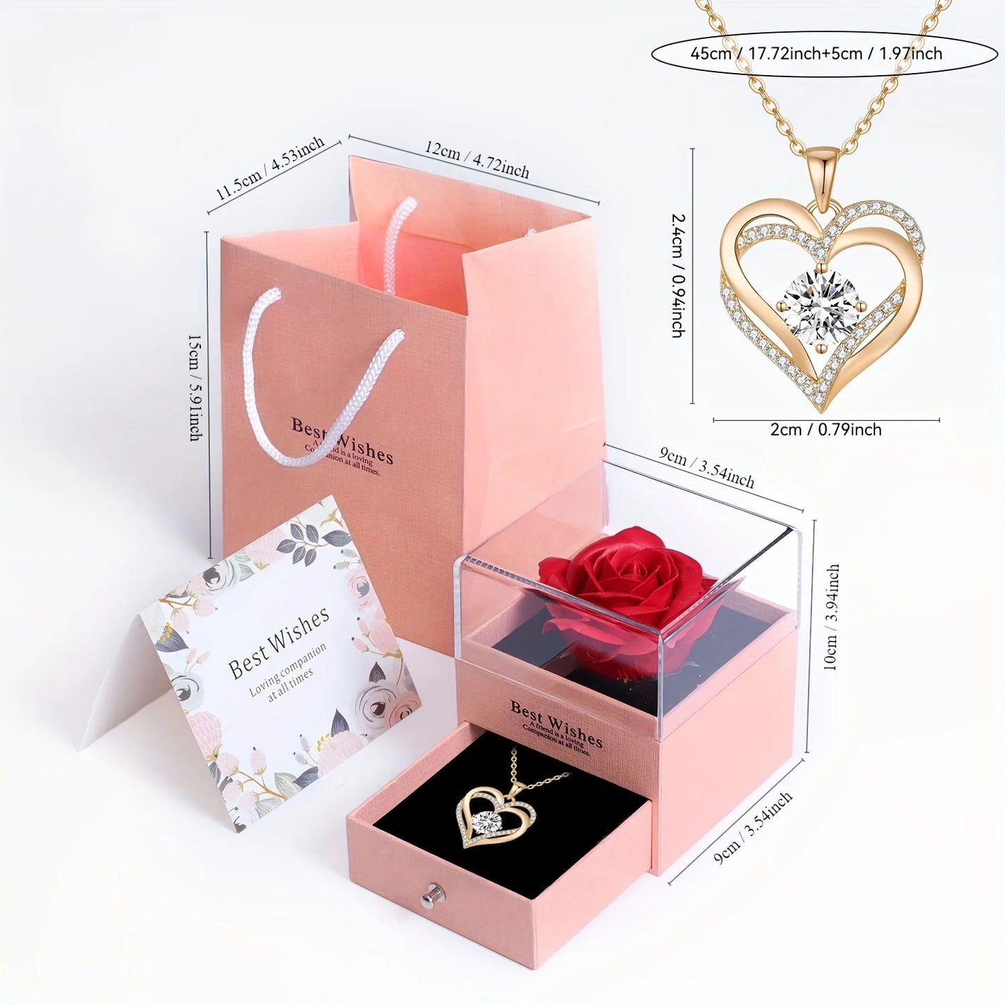 Rose Gift Set with Heart Pendant Necklace - Gift for Her