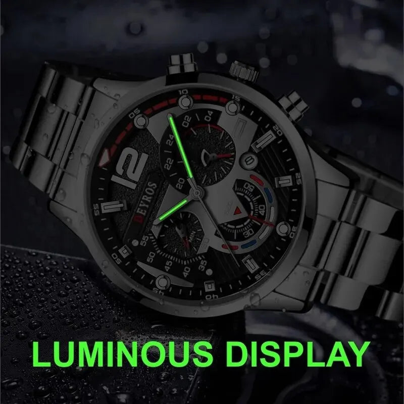 DEYROS 3pcs Men's Quartz Watch, Necklace & Bracelet Set - Stainless Steel, Hardlex, Auto Date
