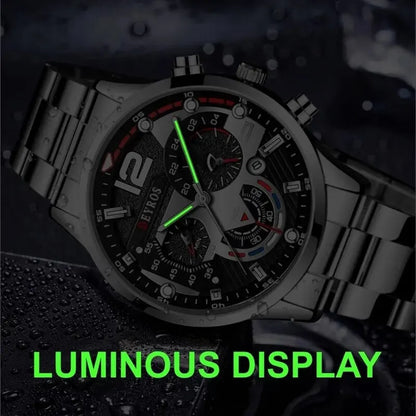 DEYROS 3pcs Men's Quartz Watch, Necklace & Bracelet Set - Stainless Steel, Hardlex, Auto Date