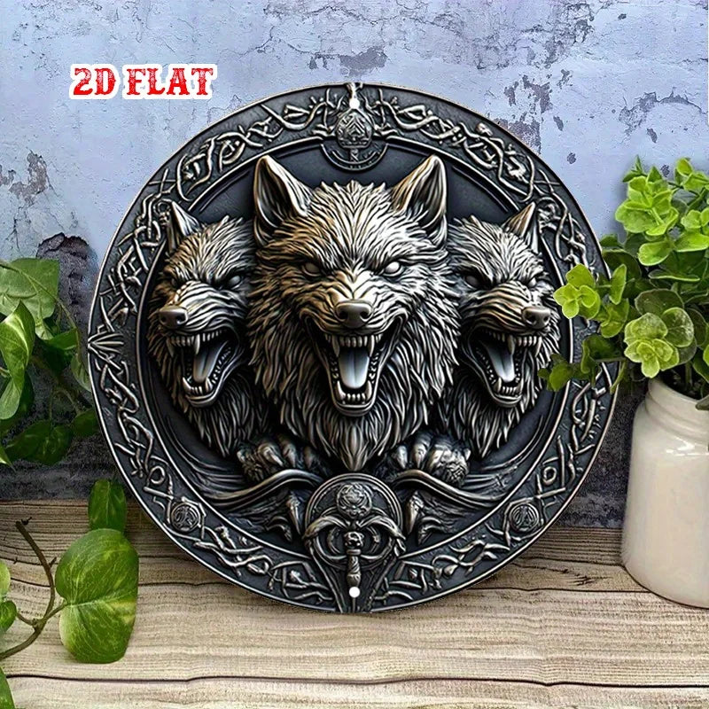 Wolf Faces Aluminum Sign - 20cm Round Celtic Knotwork Metal Wall Art