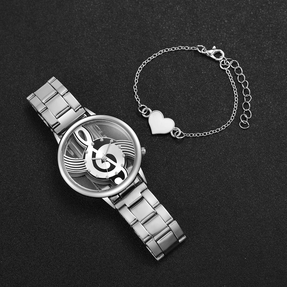 Women's 2pcs Hollow Musical Note Dial Quartz Watch & Heart Bracelet Set - Steel Band, 40mm, No Box