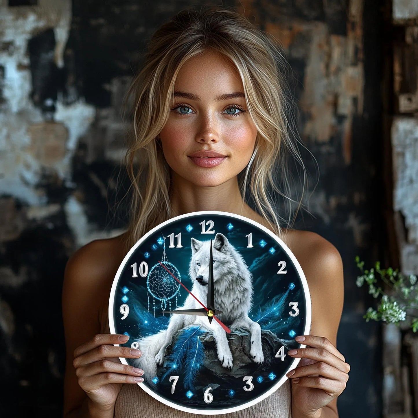 Wolf Dreamcatcher Wooden Wall Clock – Silent Quartz