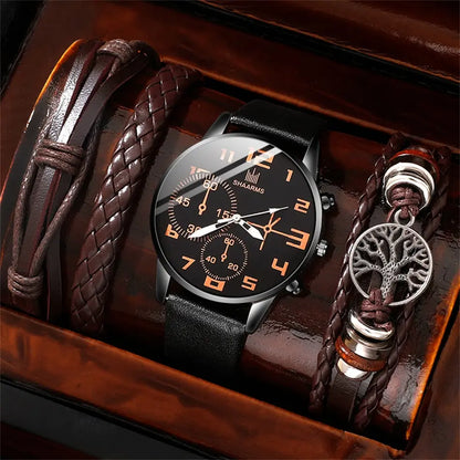 Men's 5pcs Retro Big Dial Quartz Watch & Bracelet Set - Leather Band, Arabic Numeral, 41mm