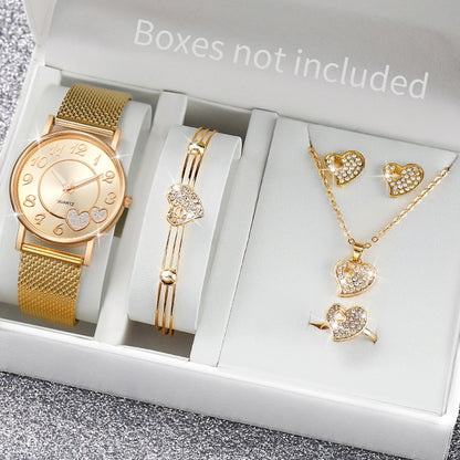 Women's Heart Dial Quartz Watch & Rhinestone Heart Jewelry Set - Plastic Band, 38mm, No Box