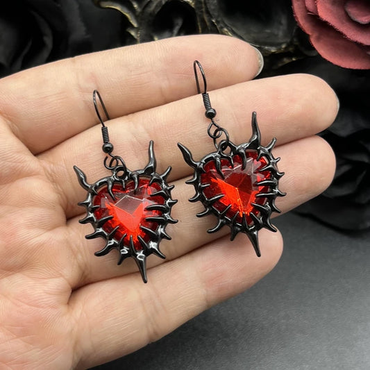 Spiky Red Glass Heart Drop Earrings - Gothic Y2K Grunge Style