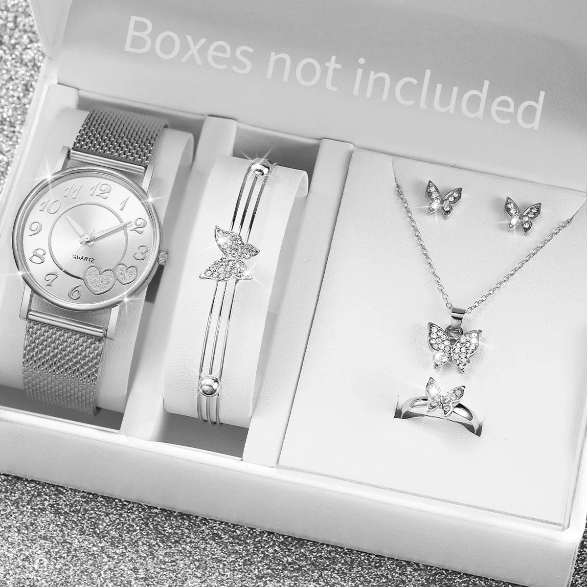 Women's Heart Dial Quartz Watch & Rhinestone Heart Jewelry Set - Plastic Band, 38mm, No Box