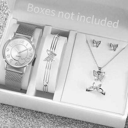 Women's Heart Dial Quartz Watch & Rhinestone Heart Jewelry Set - Plastic Band, 38mm, No Box
