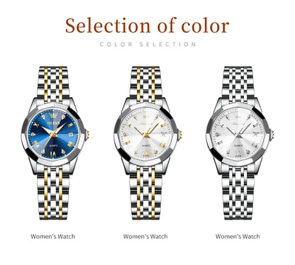 OLEVS 9931 Women's Watch - Stainless Steel, Dual Calendar, Luxury, Waterproof, Jewelry Set