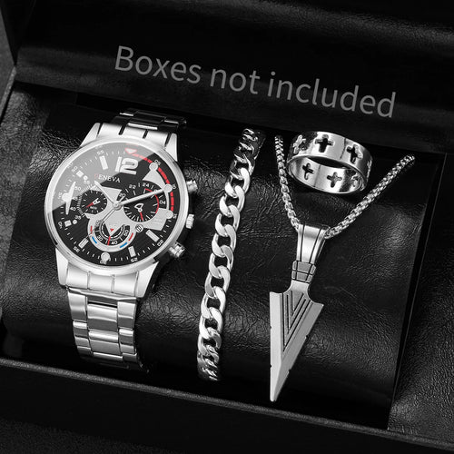 yolako 4pcs Men's Quartz Watch, Bracelet, Necklace & Ring Set - Alloy, Arabic Numeral, 40mm