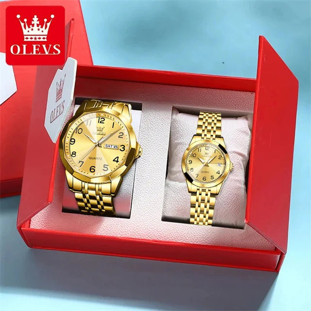 OLEVS 9970 Couple Watch - Luxury, Stainless Steel, Waterproof, Calendar, Digital Dial, Rhombus Mirror