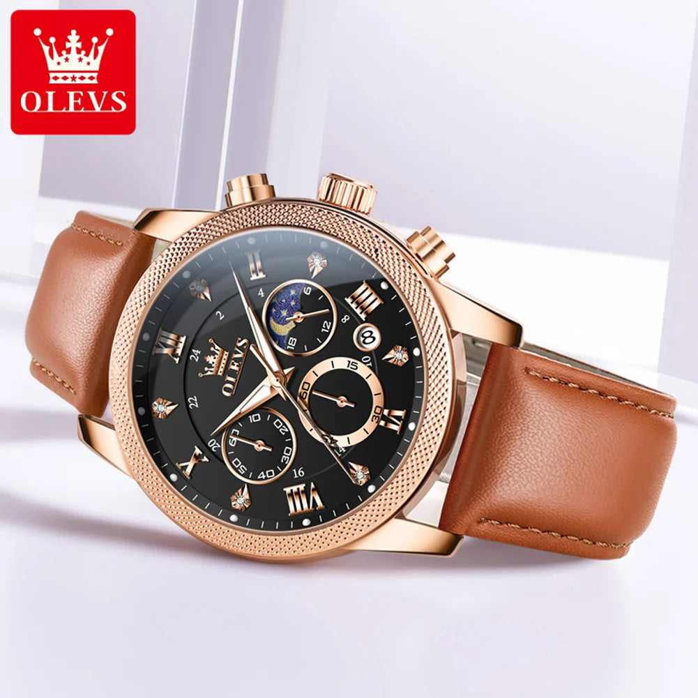 OLEVS 3660 Men's Watch - Moon Phase, Chronograph, Leather Strap, Waterproof, Anti-Magnetic