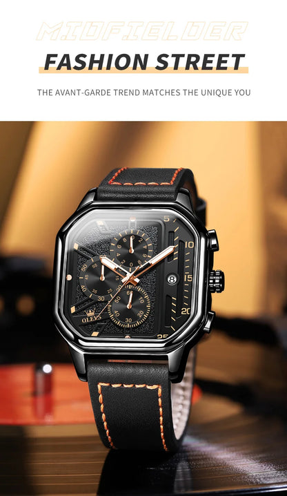 OLEVS 9950 Men's Watch - Square Sport, Waterproof, Leather Strap, Stopwatch, Backlight