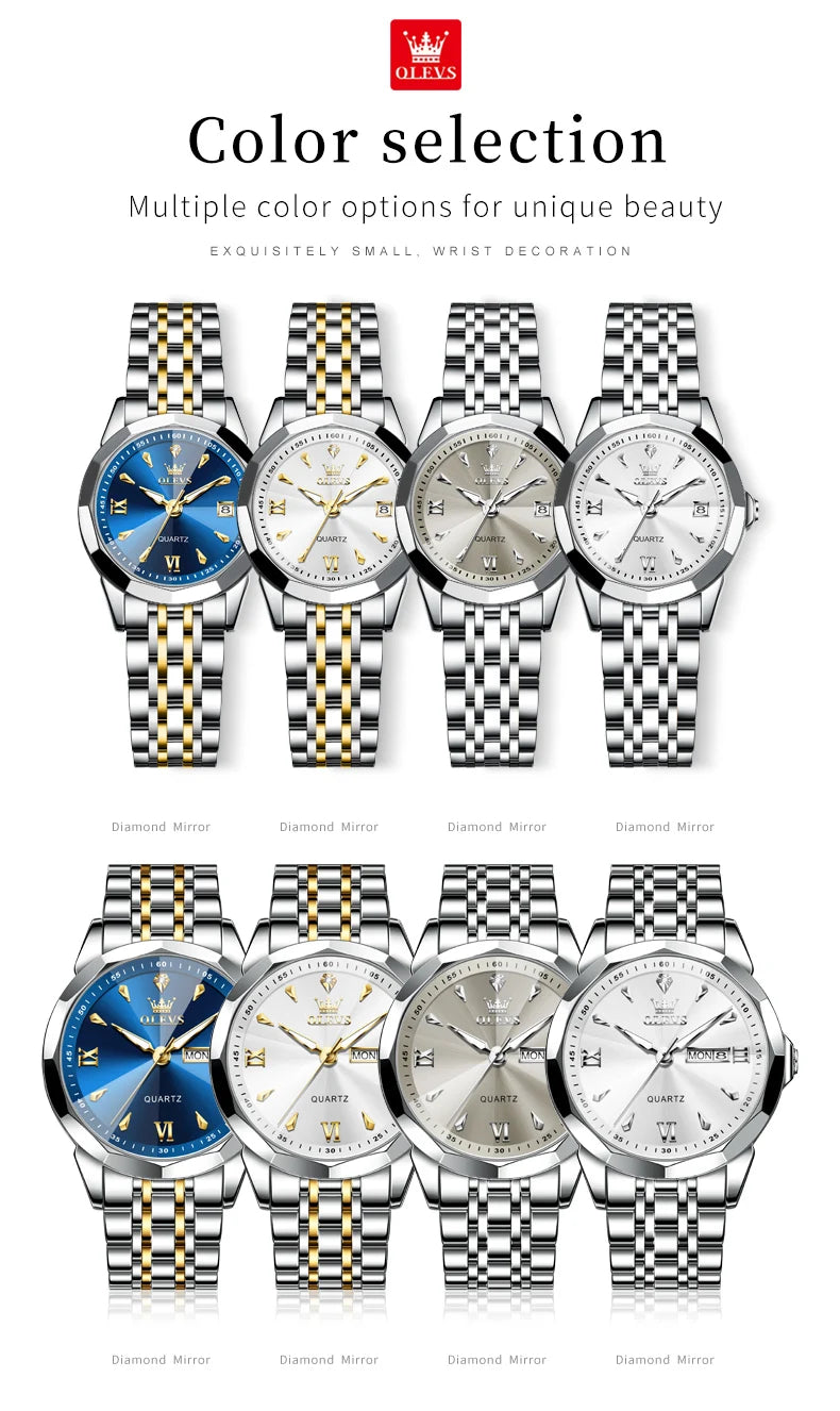 OLEVS 9998 Couple Watches - Rhombus Mirror, Luminous Date, Waterproof
