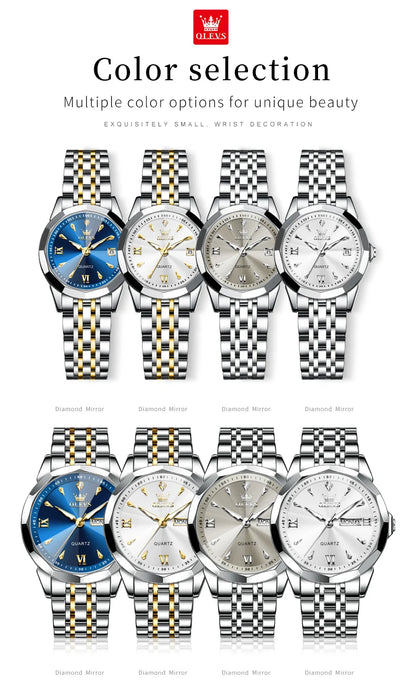 OLEVS 9998 Couple Watches - Rhombus Mirror, Luminous Date, Waterproof
