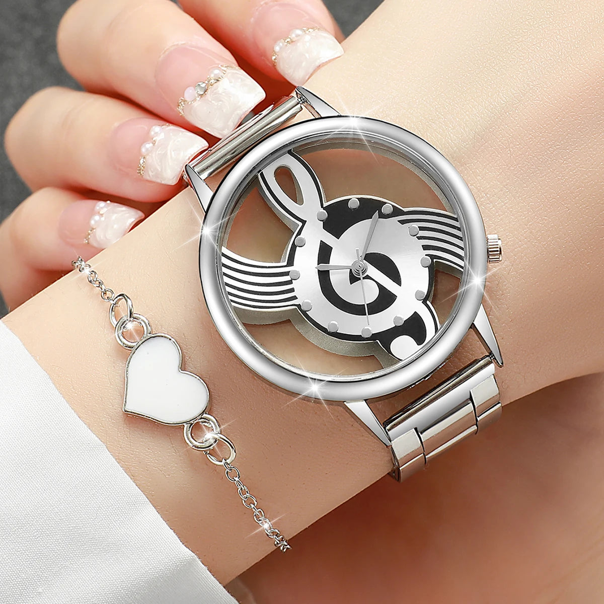 Women's 2pcs Hollow Musical Note Dial Quartz Watch & Heart Bracelet Set - Steel Band, 40mm, No Box