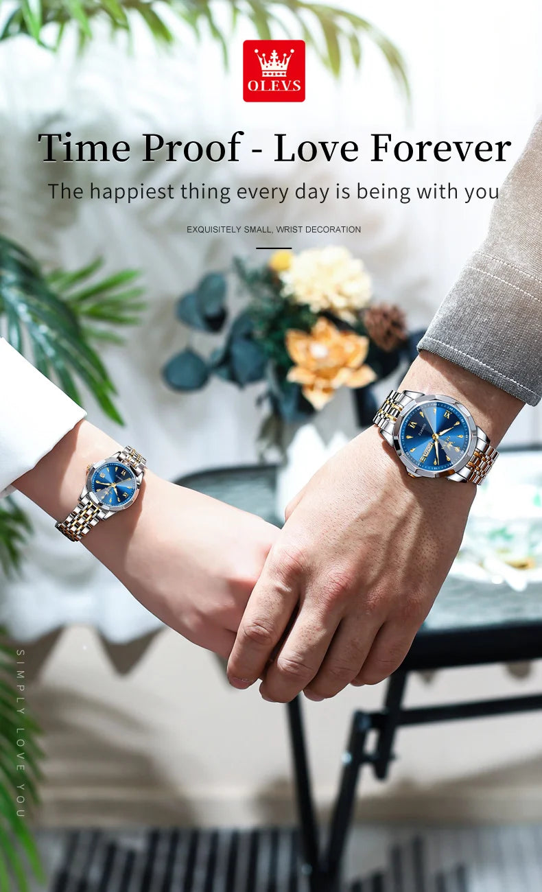 OLEVS 9998 Couple Watches - Rhombus Mirror, Luminous Date, Waterproof