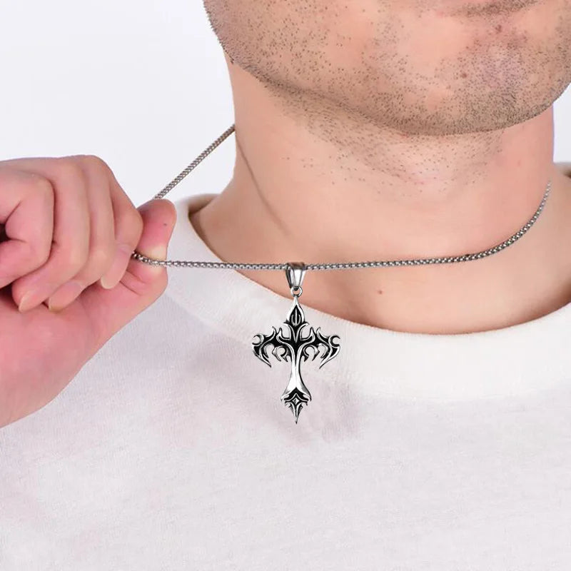 Vintage Flame Cross Pendant Necklace - 60cm Gothic Chain