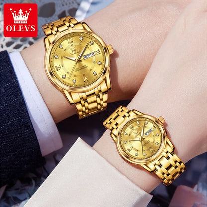 OLEVS 5513 Couple Watch - Stainless Steel, Waterproof, Luxury Gold Diamond, Lover's Pair