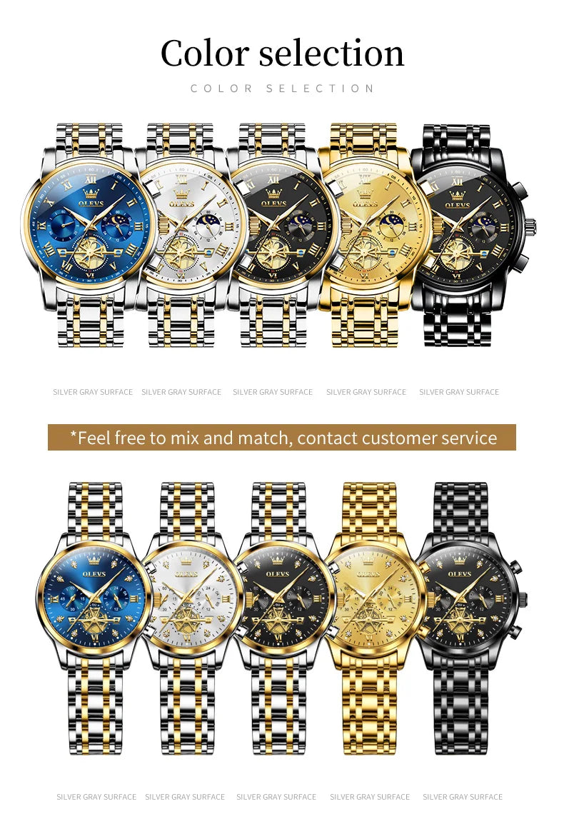 OLEVS 2859+2897 Couple Watch - Stainless Steel, Waterproof, Chronograph, Moon Phase, Flywheel