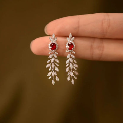 925 Sterling Silver Red Gemstone Tassel Earrings - Vintage Style
