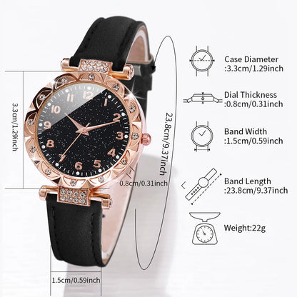 2pcs Women's Rhinestone Quartz Watch & Heart Bracelet Set - PU Leather, Arabic Numeral, 33mm