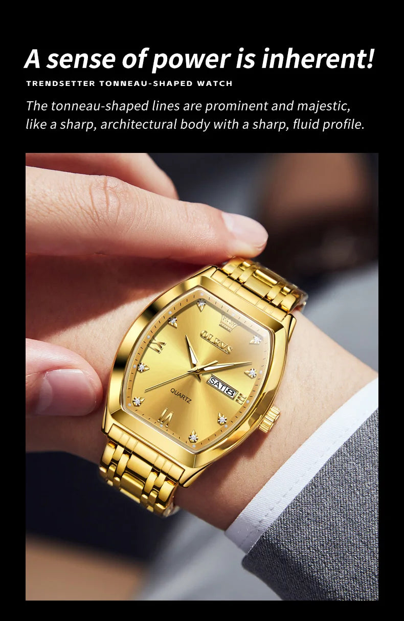 OLEVS 5528 Men's Watch - Luxury Gold, Tonneau Dial, Waterproof, Luminous, Business