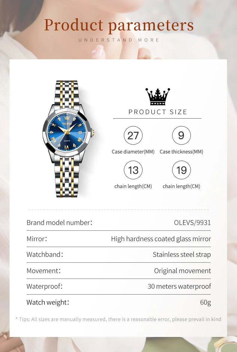 OLEVS 9931 Women's Watch - Stainless Steel, Dual Calendar, Luxury, Waterproof, Jewelry Set