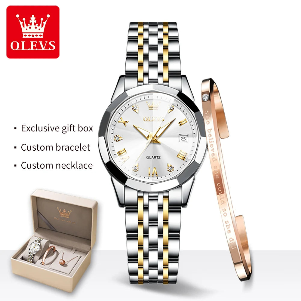 OLEVS 9931 Women's Watch - Stainless Steel, Dual Calendar, Luxury, Waterproof, Jewelry Set