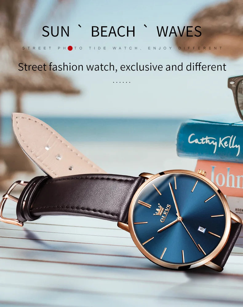 OLEVS 5869 Men's Watch - Ultra Thin 6.5mm, Minimalist, Leather Strap, Waterproof, Auto Date