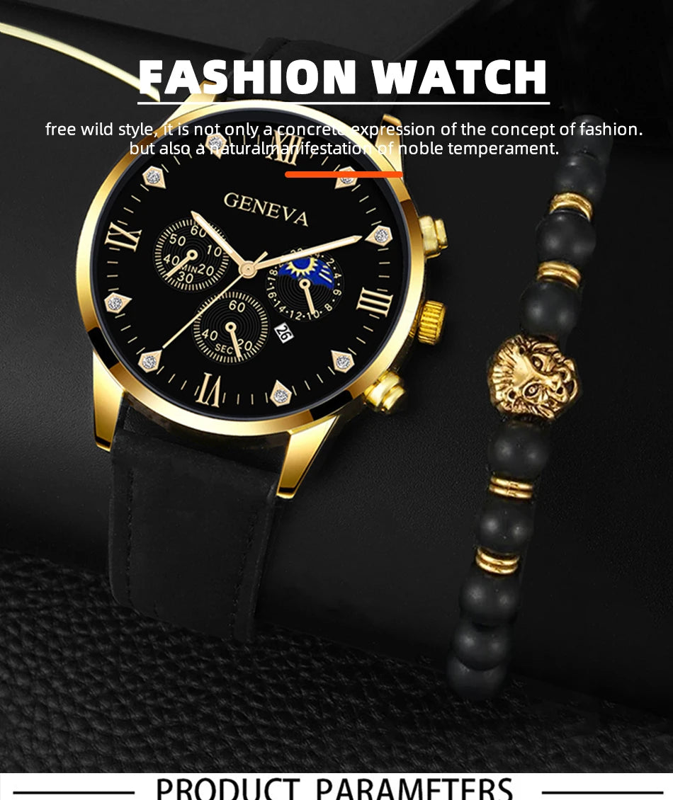 DEYROS 2pcs Men's Luxury Quartz Watch & Bracelet Set - Leather Band, Numberless Dial, No Box