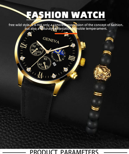 DEYROS 2pcs Men's Luxury Quartz Watch & Bracelet Set - Leather Band, Numberless Dial, No Box