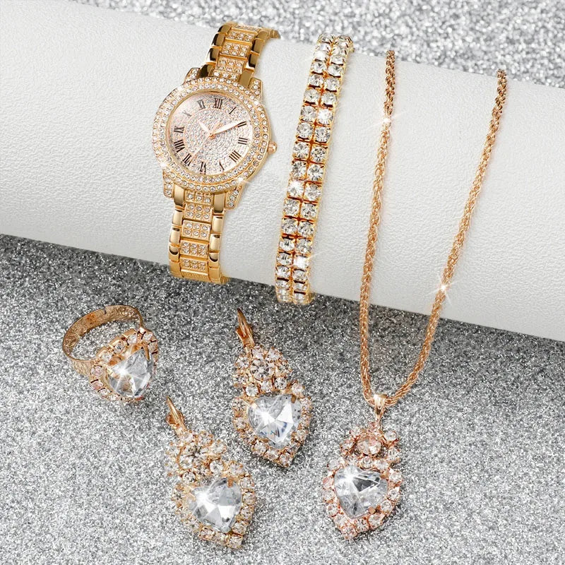 RUNERR Women's 6pcs Full Diamond Quartz Watch & Jewelry Set - Gold Steel Band, Roman Numeral, 30mm