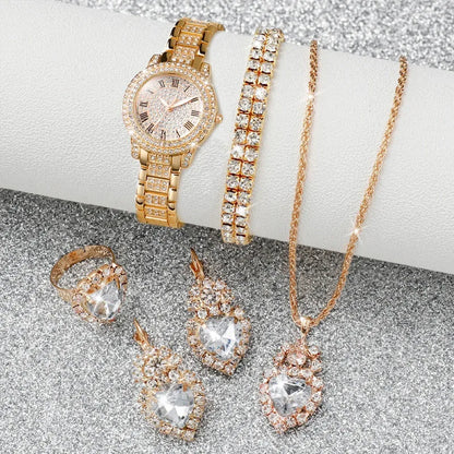 RUNERR Women's 6pcs Full Diamond Quartz Watch & Jewelry Set - Gold Steel Band, Roman Numeral, 30mm