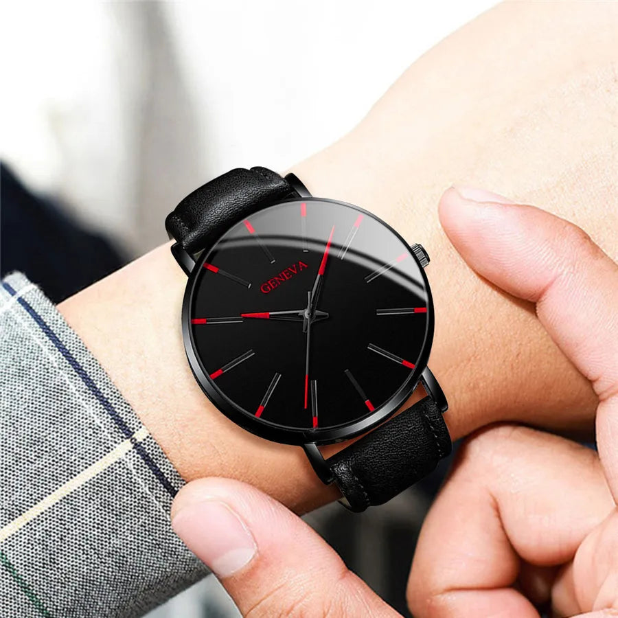 yolako 3pcs Men's Quartz Watch, Bracelet & Necklace Set - Leather Band, Numberless Dial, 41mm