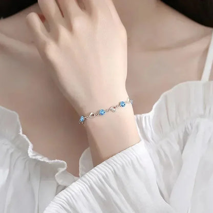 925 Sterling Silver Heart Necklace & Bracelet Set - Blue Crystal