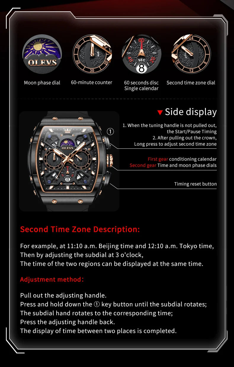 OLEVS 2492 Men's Watch - Tonneau Hollow Out, Moon Phase, Waterproof, Luminous, Silicone