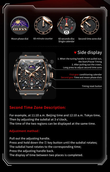OLEVS 2492 Men's Watch - Tonneau Hollow Out, Moon Phase, Waterproof, Luminous, Silicone