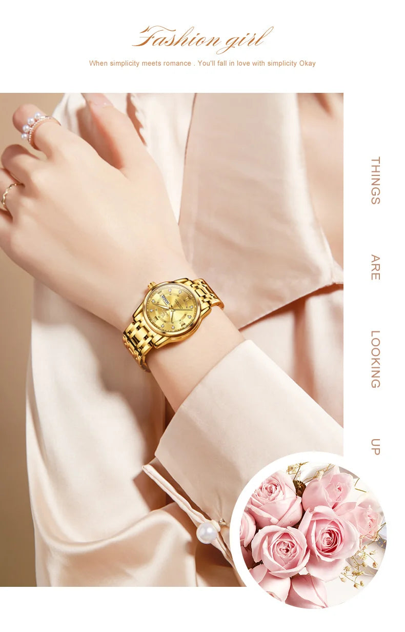 OLEVS 5513 Couple Watch - Stainless Steel, Waterproof, Luxury Gold Diamond, Lover's Pair