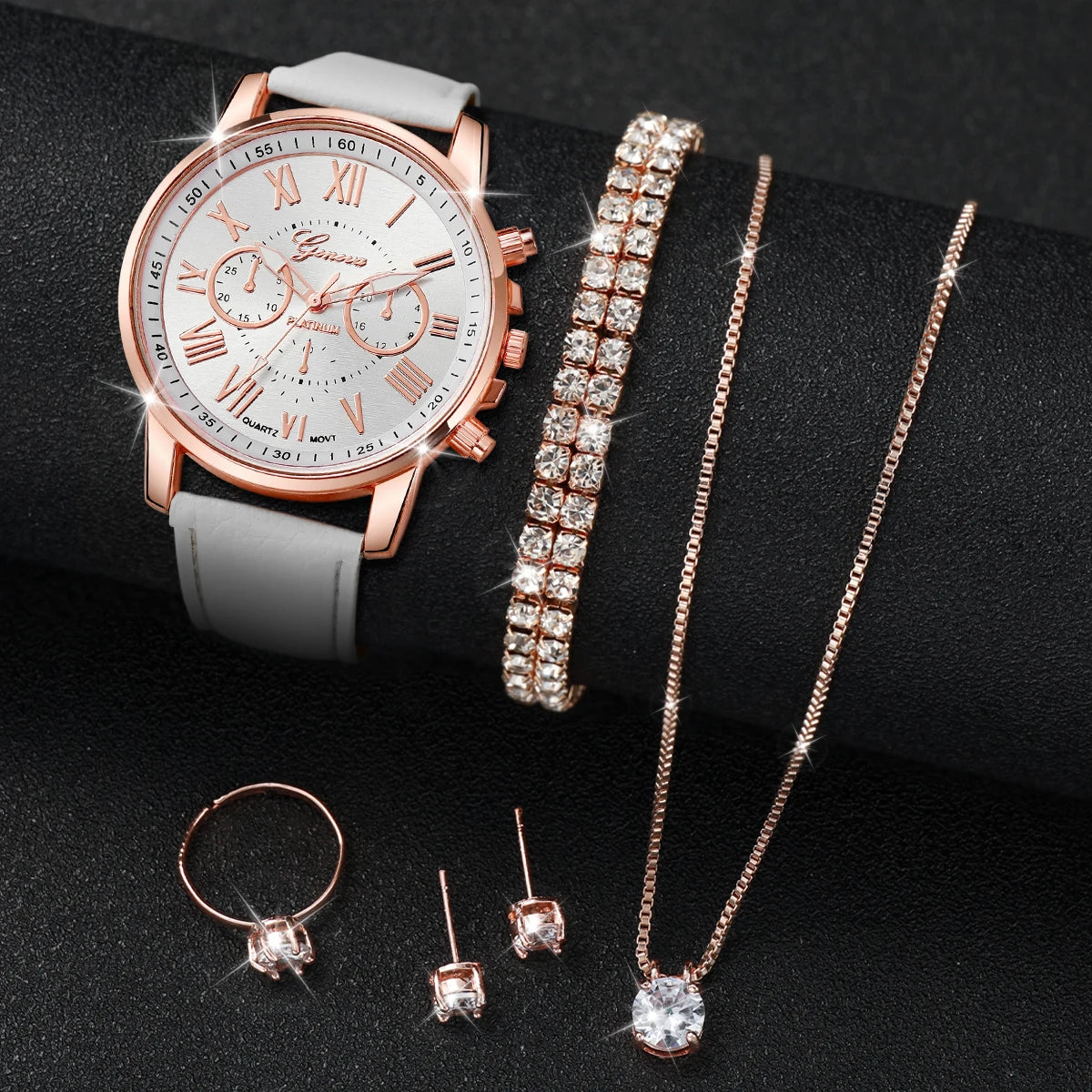 Women's 6pcs Quartz Watch & Diamond Jewelry Set - Leather Band, Roman Numeral, 42mm, No Box