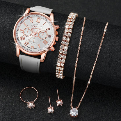 Women's 6pcs Quartz Watch & Diamond Jewelry Set - Leather Band, Roman Numeral, 42mm, No Box
