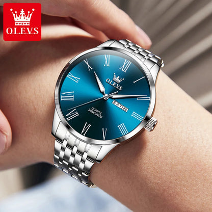 OLEVS 3633 Men's Watch - Business Simple, Waterproof, Luminous, Stainless Steel, Dual Calendar