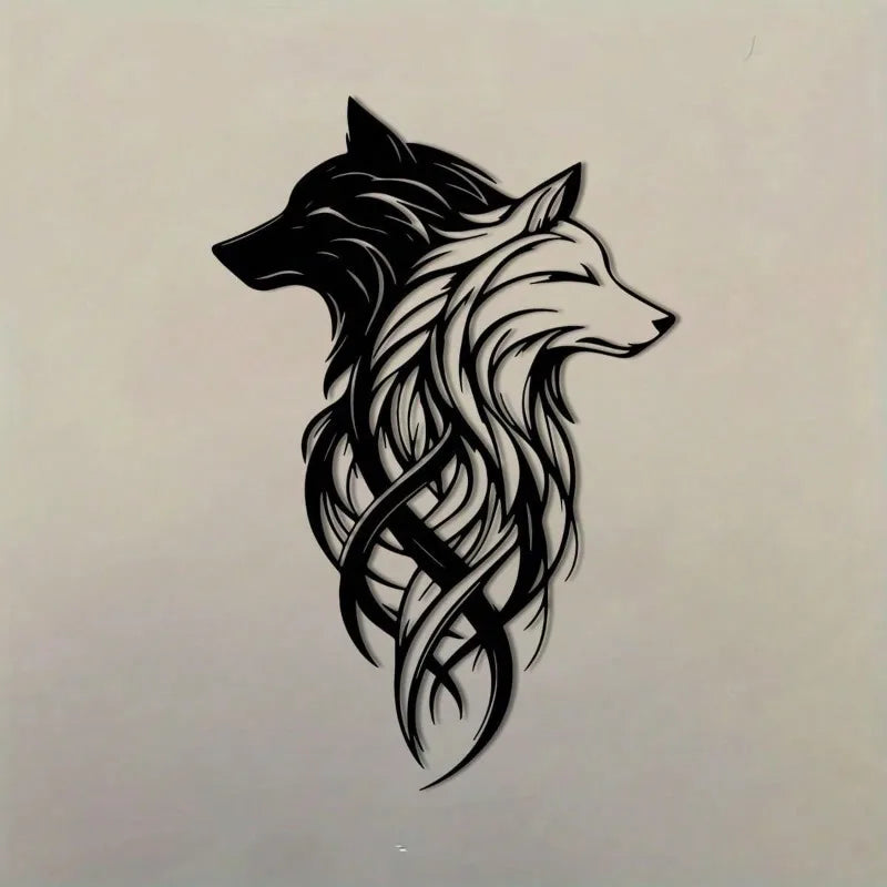 Twin Wolf Metal Wall Sculpture - Black & White Wrought Iron Set