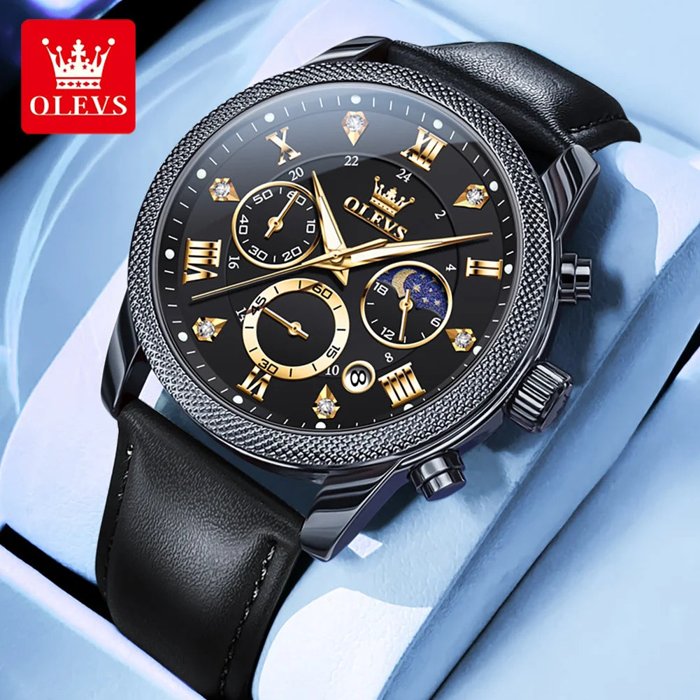OLEVS 3660 Men's Watch - Moon Phase, Chronograph, Leather Strap, Waterproof, Anti-Magnetic