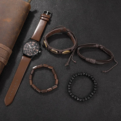 Men's 5pcs Retro Big Dial Quartz Watch & Bracelet Set - Leather Band, Arabic Numeral, 41mm