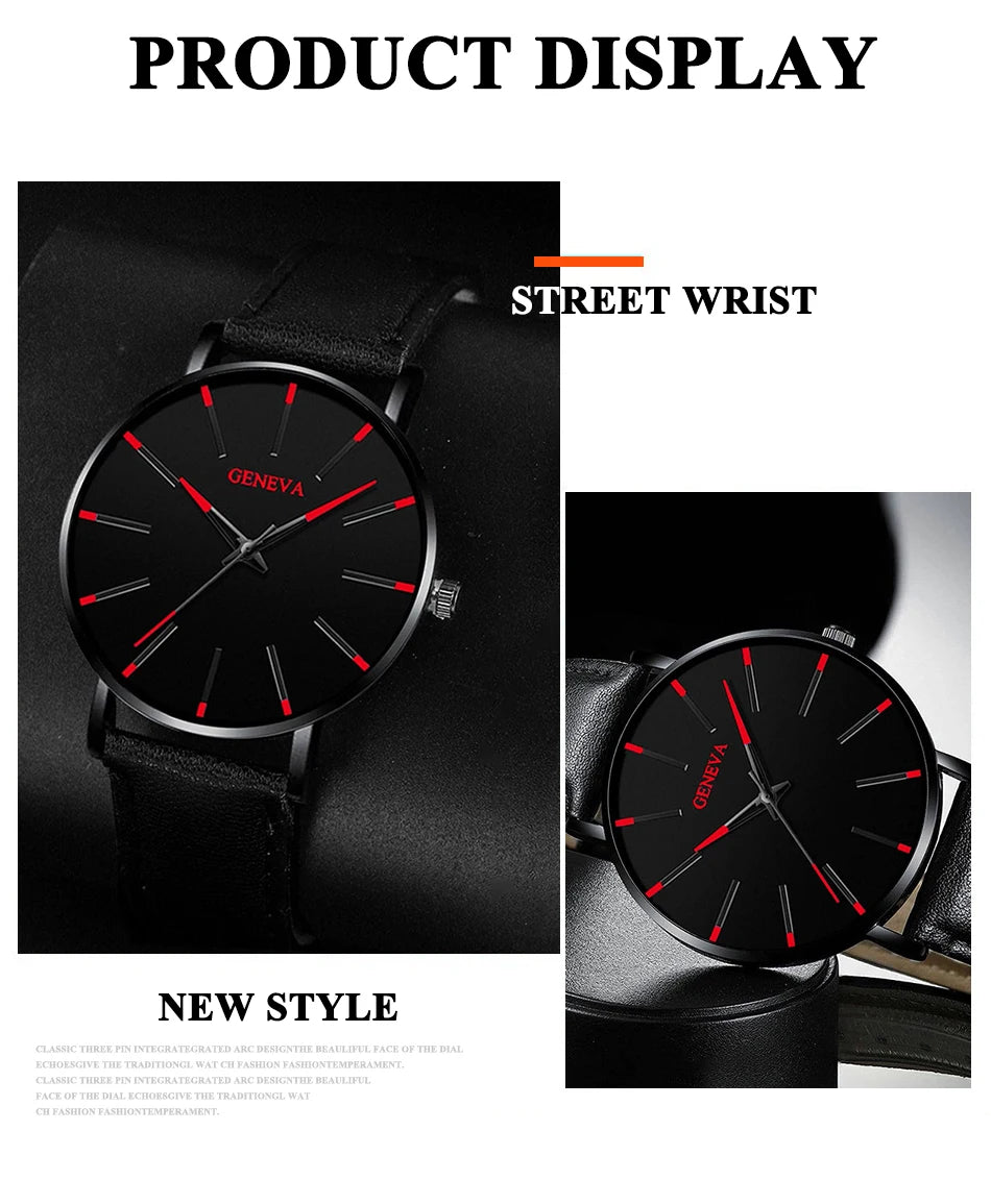 DIJANES Men's Quartz Watch & PU Leather Bracelet Set - Numberless Dial, Buckle, Fashion Casual