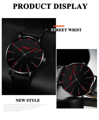 DIJANES Men's Quartz Watch & PU Leather Bracelet Set - Numberless Dial, Buckle, Fashion Casual